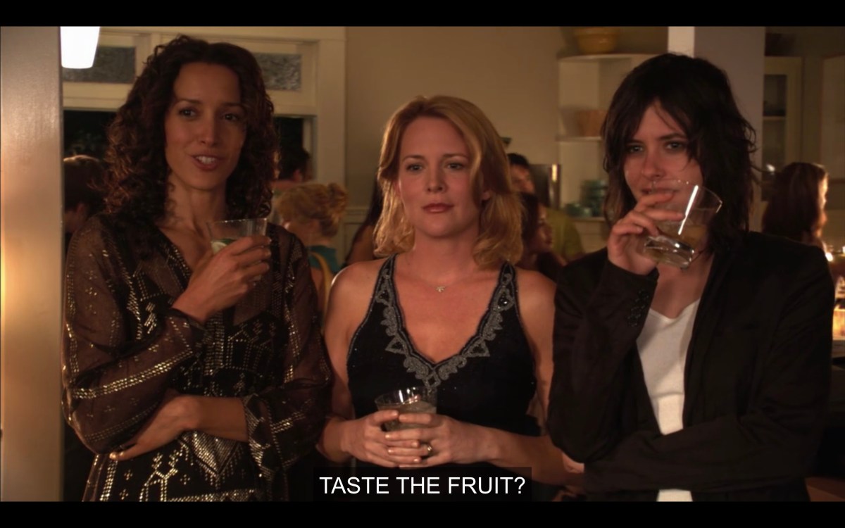 Bev, Tina and Shaun as characters in Jenny's film. They're wearing what they wore in the pilot episode and talking about Jenny tasting the fruit.