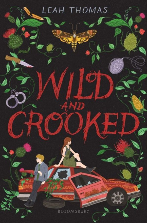 The Wild and Crooked cover art is dark, with a black background and blood red lettering. There are hand drawn images of leaves and flowers creeping from the sides and a broken down red car at the bottom. The car is topped by a queer girl in a green jumper and black boots.