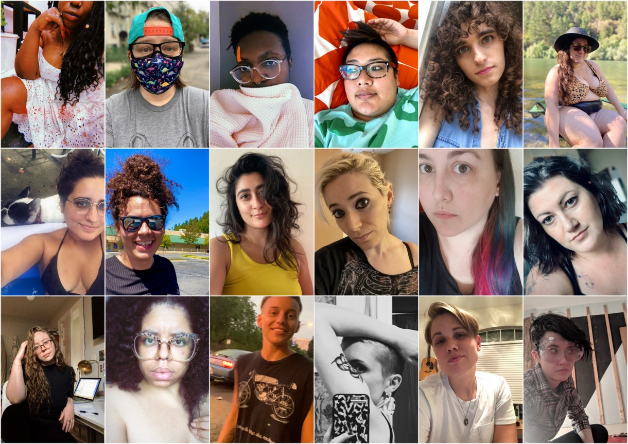 A collage of 18 photos of our staff, mostly selfies. Highlights include Nicole wearing safety goggles during a home improvement project, Shelli in a cute summer dress, Kayla and her dog, and Vanessa in a bikini by a lake.