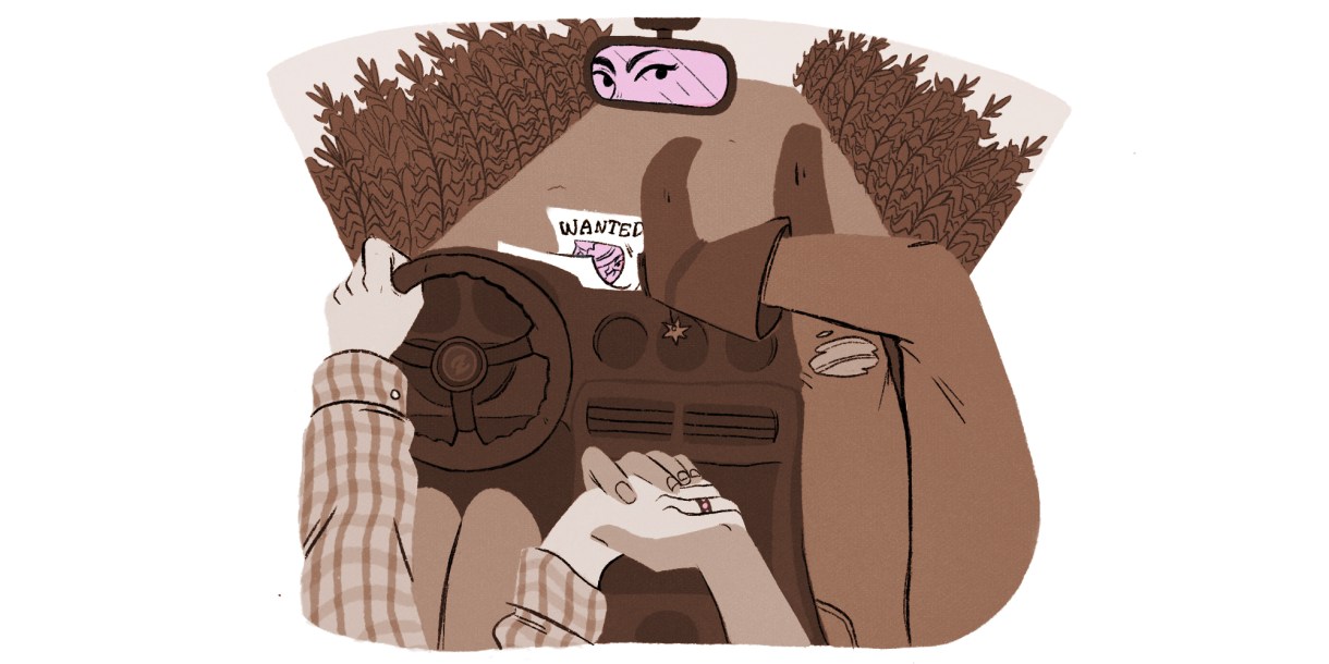 illustration: two women holding hands driving down a country road, you can see the gaze of the driver who is glancing over at her passenger. there's a wanted poster on the dash with their picture on it