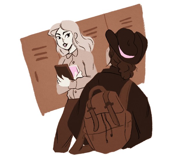 illustration: teacher smiling and passing narrator in the hallway