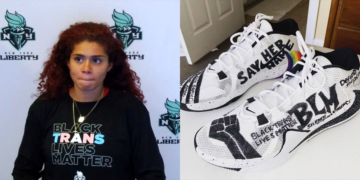 The New York Liberty's Amanda Zahui B wearing a Black Trans Lives Matter shirt, and a pair of Stefanie Dolson's sneakers designed with Black Lives Matter graphics.