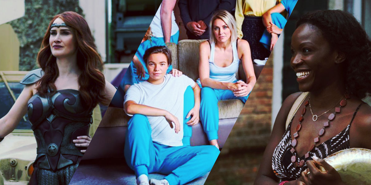 Queen Maeve in her superhero outfit in "The Boys," Alley and a new masc lesbian character in Wentworth wearing blue prison pants and white tank tops, Jenny in "We Are Who We Are," smiling at someone off-camera