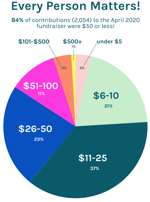 A colorful pie chart has the text: Every Person Matters! 84% of contributions or 2,054 contributions to the April 2020 fundraiser were $50 or less! The chart shows much the same, with 3% of gifts under $5, 21% in the $6 to $10 range, 37% in the $11 to $25 range, 23% in the $26 to $50 range, 11% in the $51 to $100 range, 4% in the $101 to $500 range, and only 1% coming in at $500 or more.