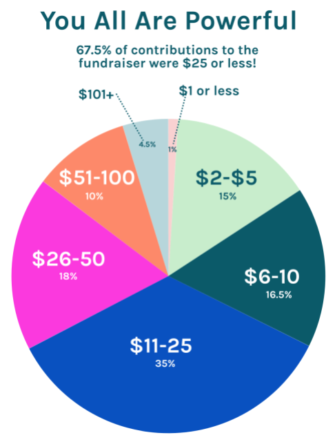 A pie chart. Text reads: You All Are Powerful. 67.5% of contributions to the fundraiser were $25 or less! 1% were $1 or less. 15% were $2 to $5. 16.5% were $6 to $10. 35% were $11 to $25. 18% were $26 to $50. 10% were $51 to $100. Just 4.5% were $101 or more.