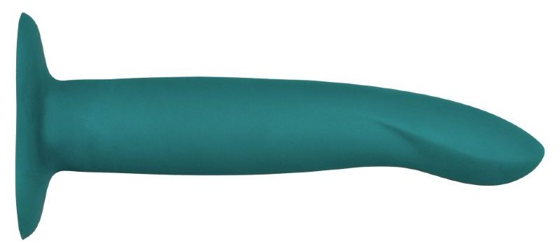A teal silicone dildo with a wide flat base and a slightly curved tip