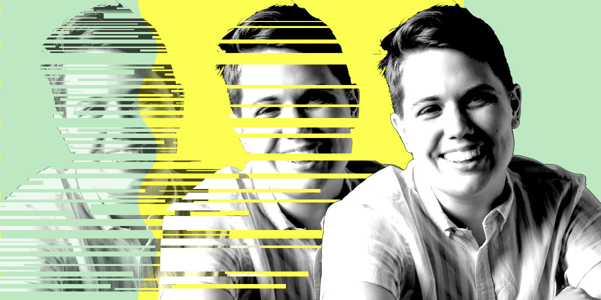 A graphic of a three black and white portraits of Adrian, a smiling white nonbinary person with short hair, against a bright yellow and green background. The portrait on the far right is whole, while the two graphics on the left are increasingly faded and glitched as you move left.