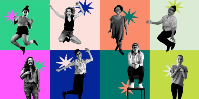 There are 8 squares, each featuring a senior team member jumping, looking earnest and silly. From left to right top, Sarah and then Riese both jump getting some serious air, Carmen stands delicately, Kamala jumps with her tongue sticking out. From left to right on the bottom, Rachel stands still, not jumping eyes closed and smiling, Nicole jumps but not as high as Sarah and Riese, Heather sits in a chair looking at the viewer and finally Laneia smiles with adoration and clutches her heart.