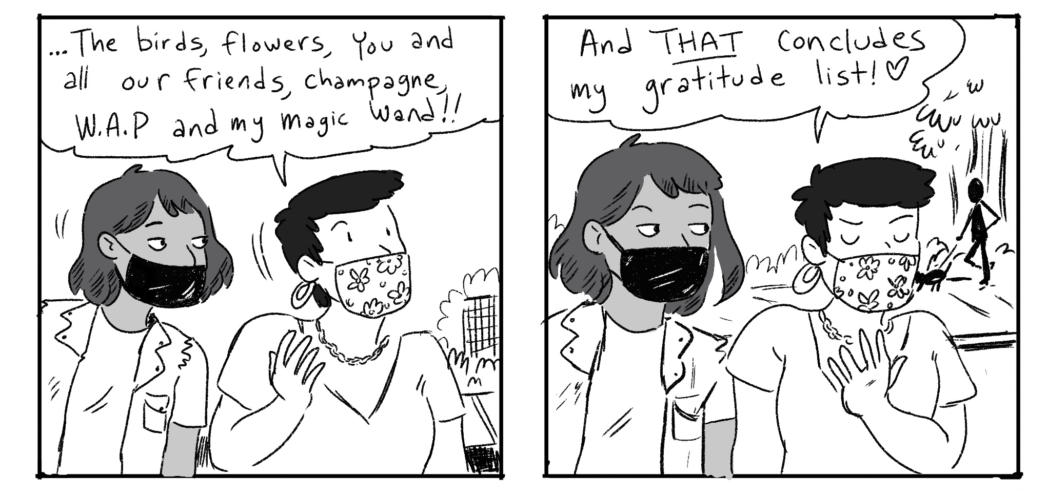 Two panels of the Grease Bat comic. Panel 1: Ari and Gwen are both wearing masks. Gwen is midsentence: "...the birds, flowers, you and all our friends, champagne, W.A.P. and my magic wand!" Panel 2: Gwen: "And THAT concludes my gratitude list!"