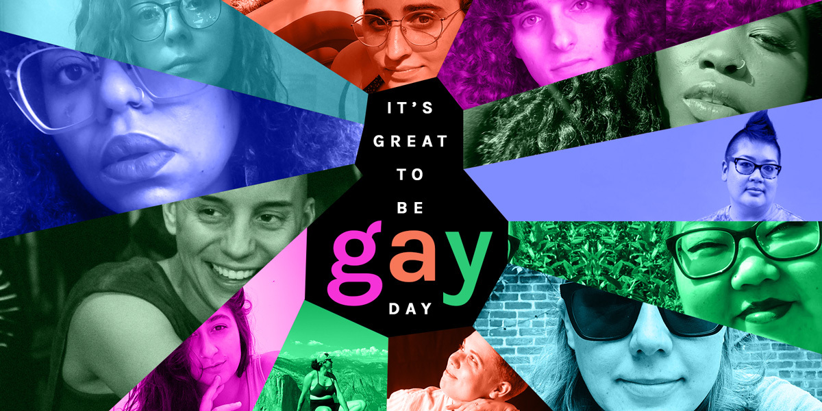 A pinwheel collage with "It's Great to be Gay Day" written in multicolored letters against a black background in the middle. In the pinwheel are various lesbian, bisexual, and queer writers from Autostraddle. Each of their photos has been colorized to reflect a different color of a neon rainbow.
