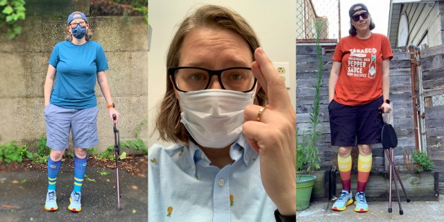 A collage of three photos of the author, Heather Hogan. Left to right: Heather using her cane and compression socks to walk in the rain. Heather wearing a mask in the hospital and crossing her fingers. Heather standing in her backyard in front of her flower pots using a cane. 