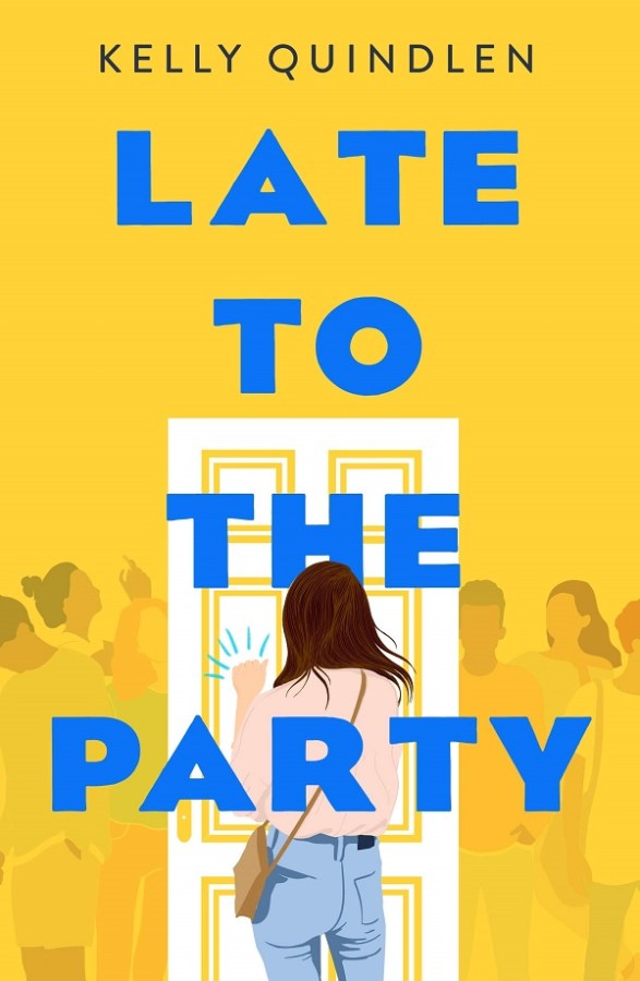 The book cover for "Late to the Party" has the title words in block blue lettering against a yellow background, with a young girl in a pink sweater knocking on the door.