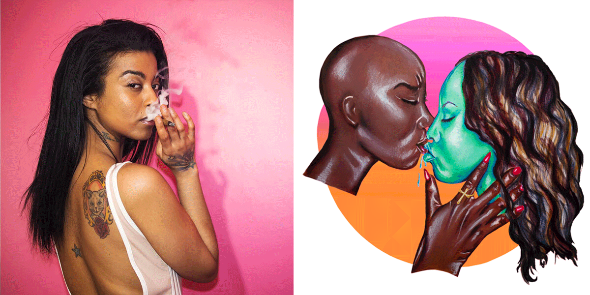 A collage of Lauralee Benjamin, who has long hair and is facing away from the camera, her tattoo showing on her back, against a pink wall — alongside one of her illustrations from the SLICK series. In the illustration, two women kiss. One woman is black with a bald head and the other is colored aqua marine with long wavy brown hair.