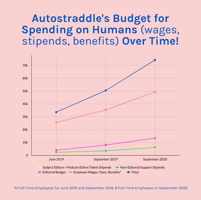 This is a graph depicting our monthly budget from June 2019 before the July 2019 fundraiser when the total was at $34,000 a month, to now, after several new hires and raising rates and wages, where it is $82,000 a month. We have more people, now, more tech support and other contractors, but more people cost more!