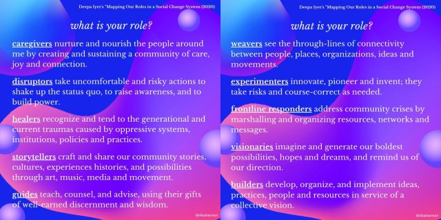 A side-by-side definition of the supportive roles one can take on during a social movement: caregivers, disruptors, healers, storytellers, guides, weavers, experimenters, frontline responders, visionaries, and builders. These are all roles one can take on.