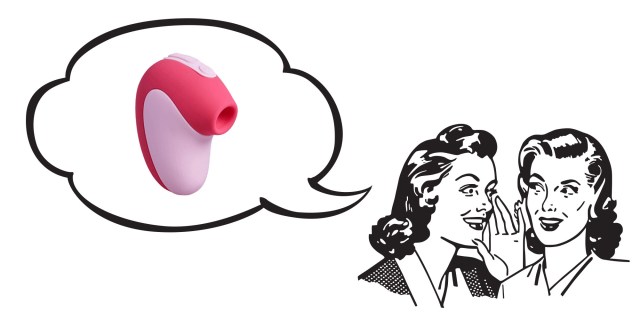 Two illustrated white women in 1950s garb whisper to each other; a speech bubble above their heads shows an image of a two-toned pink vibrator with a curved suction tip