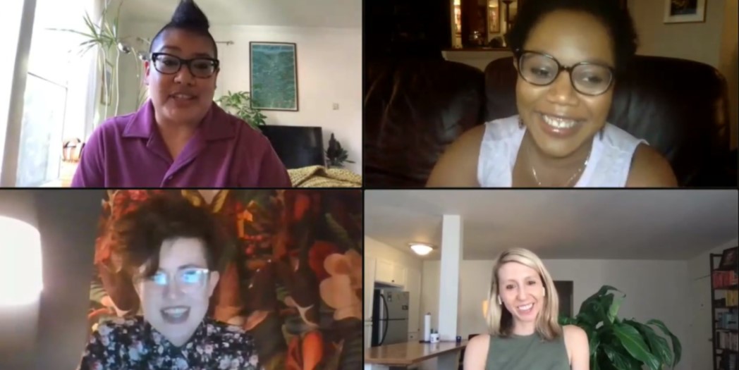Kamala, Carmen, Riese and Nicole are all on a video chat together, smiling. The photo is unstaged, a little grainy, a screen cap from the live event!