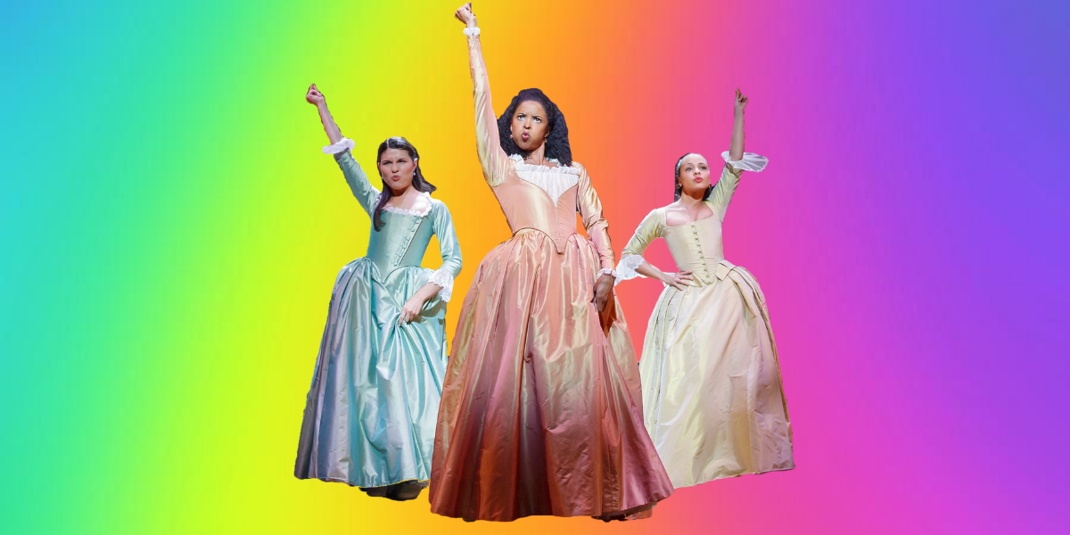 Ari's homemade graphic design (They're working on building their skills!) of the Schuyler sisters from Hamilton, posed in their infamous "Werk!" line with their right hands above their head, snapping in air, against a neon rainbow background.