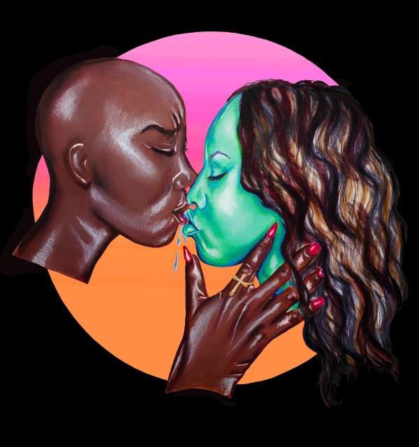 A bald-headed woman holds a long-haired woman's face in her sharp, red-nailed hands, and spits in her mouth.