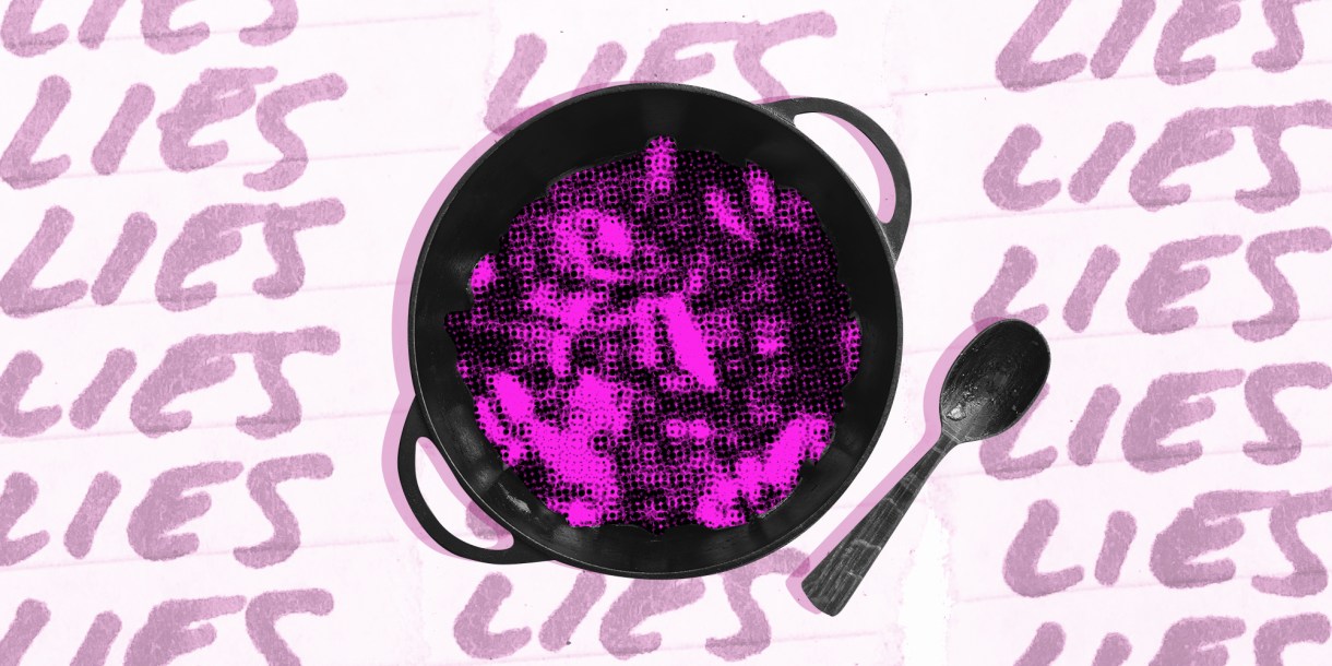 stew pot from above with a bg that says "lies" repeating