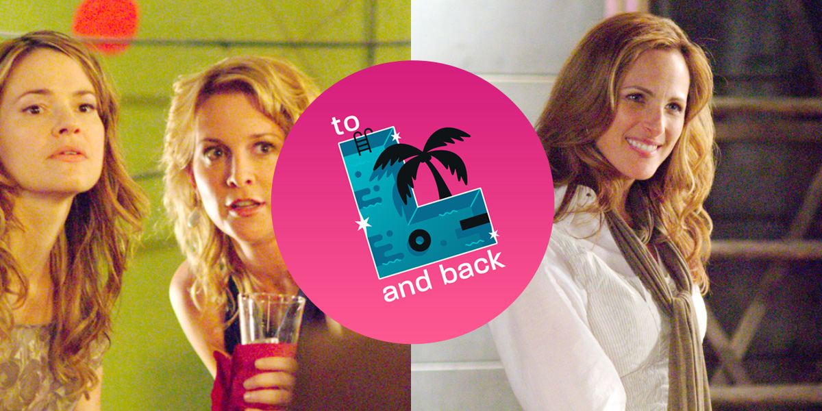 Image is split in two with the "To L and Back" logo in the middle. On the left, Alice and Tina are at a party at The Planet. On the right, Jodi is in her loft, smiling.
