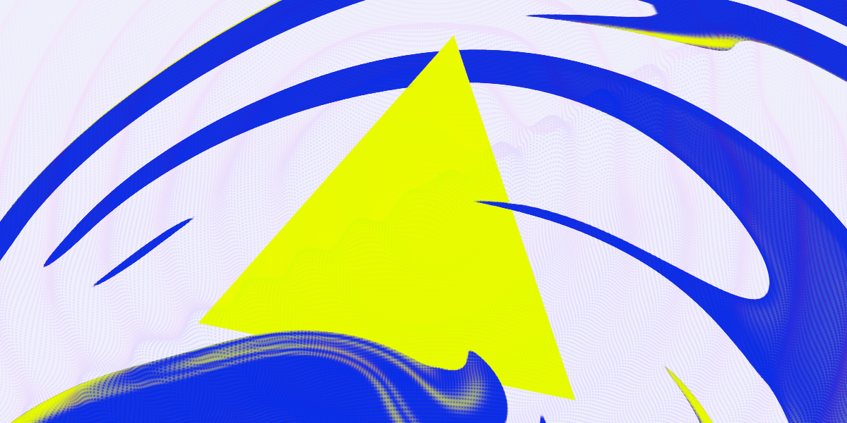 An abstract image of a neon yellow triangle against a field of blue swirls and ripples.