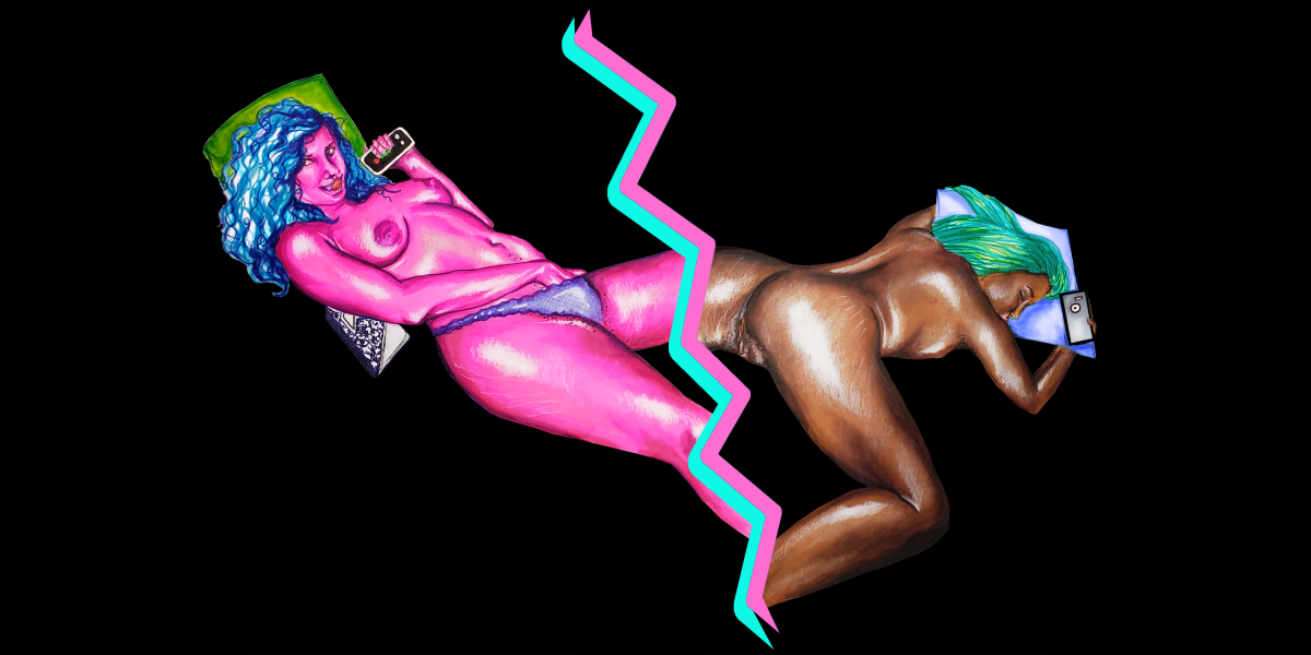 split screen graphic with a jagged line of pink and blue running down the middle. on the left in a pink-skinned topless woman reaches into her underwear. on the right, a naked brown-skinned person lies facedown legs spread open, showing a little genital peek