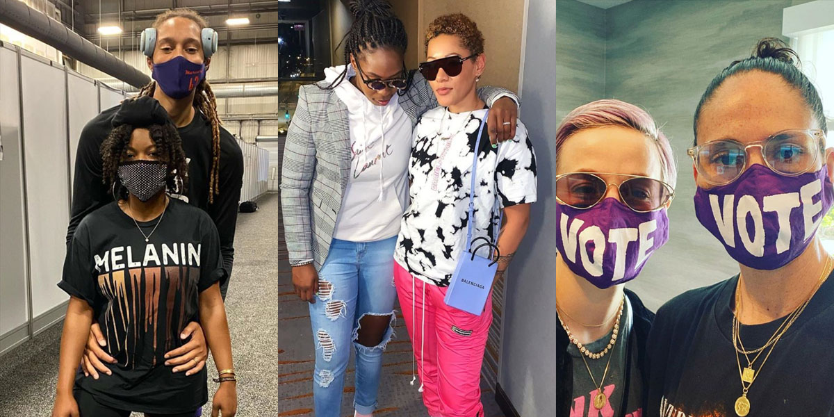 A collage of three WNBA Wubble couples. Left to right: Brittney Griner and Cherelle Griner, Chelsea Gray and Tipesa Mercedes, and Sue Bird and Megan Rapinoe.