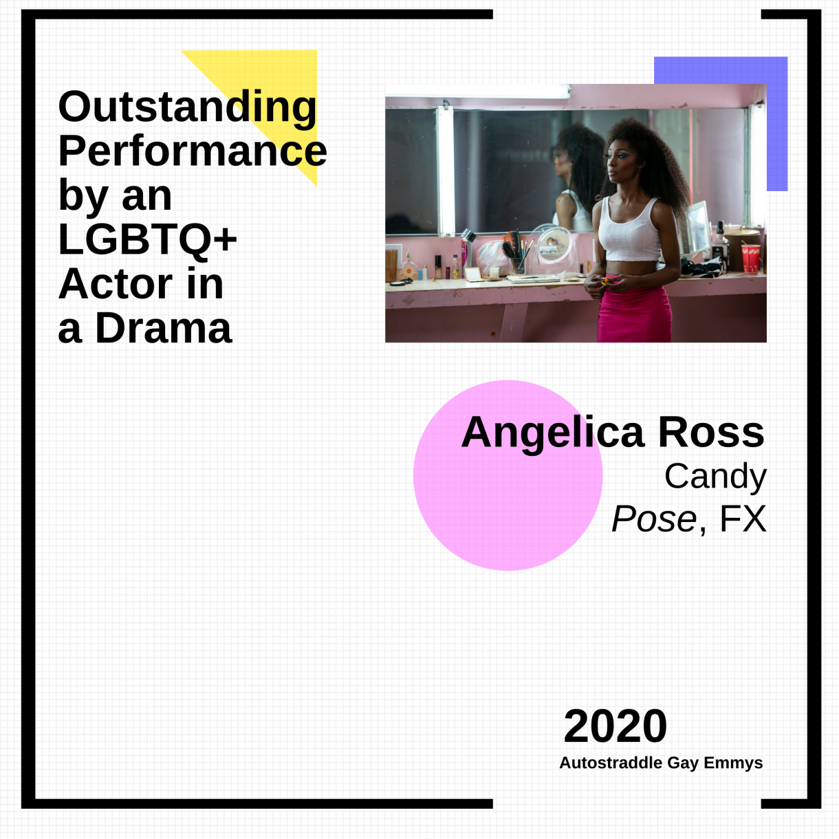 Graphic announcing Outstanding Performance by an LGBTQ+ Actor in a Drama: Angelica Ross as Candy (Pose)