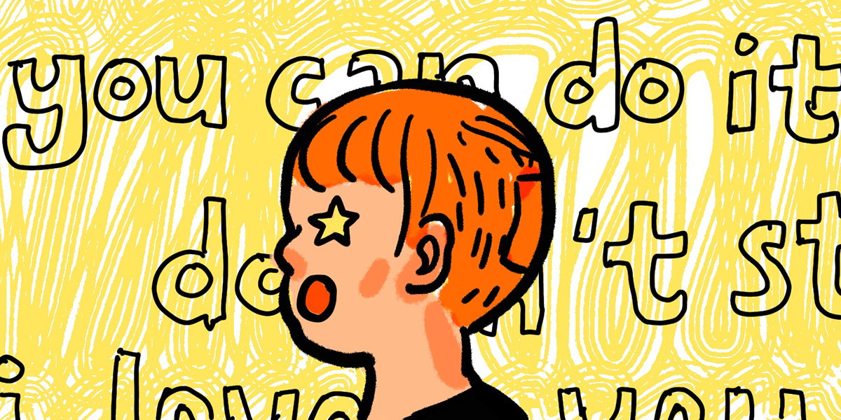 Yao, with a a short red hair cut and stars in their eyes, is drawn in front of a yellow background that says "You can do it," "Don't Stop,"
