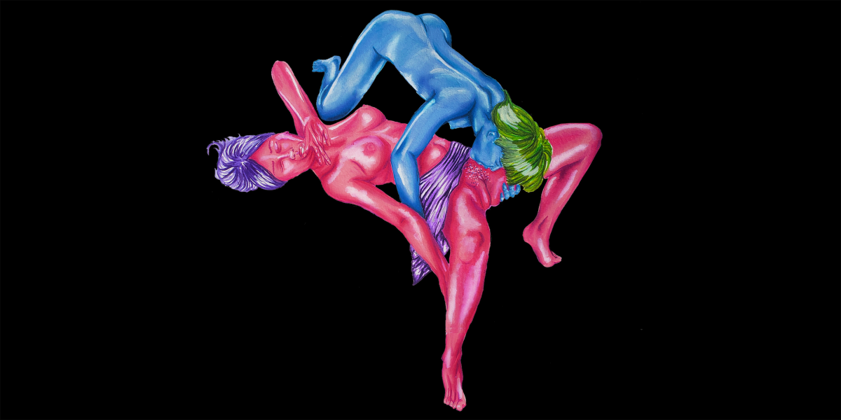 one woman, in magenta with purple hair, lies down with her legs spread and her pussy exposed, and another women, in blue with green hair, bends over her — her knees bent over the shoulders of the magenta woman, hands wrapped around the backs of her thighs, and lowers her face into the open, wanting pussy