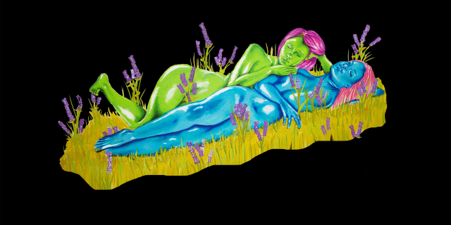 two women, one green and one blue, lie together nude in grass with stalks of lavender. the green woman is behind the blue one, spooning her, with an arm on her shoulder.