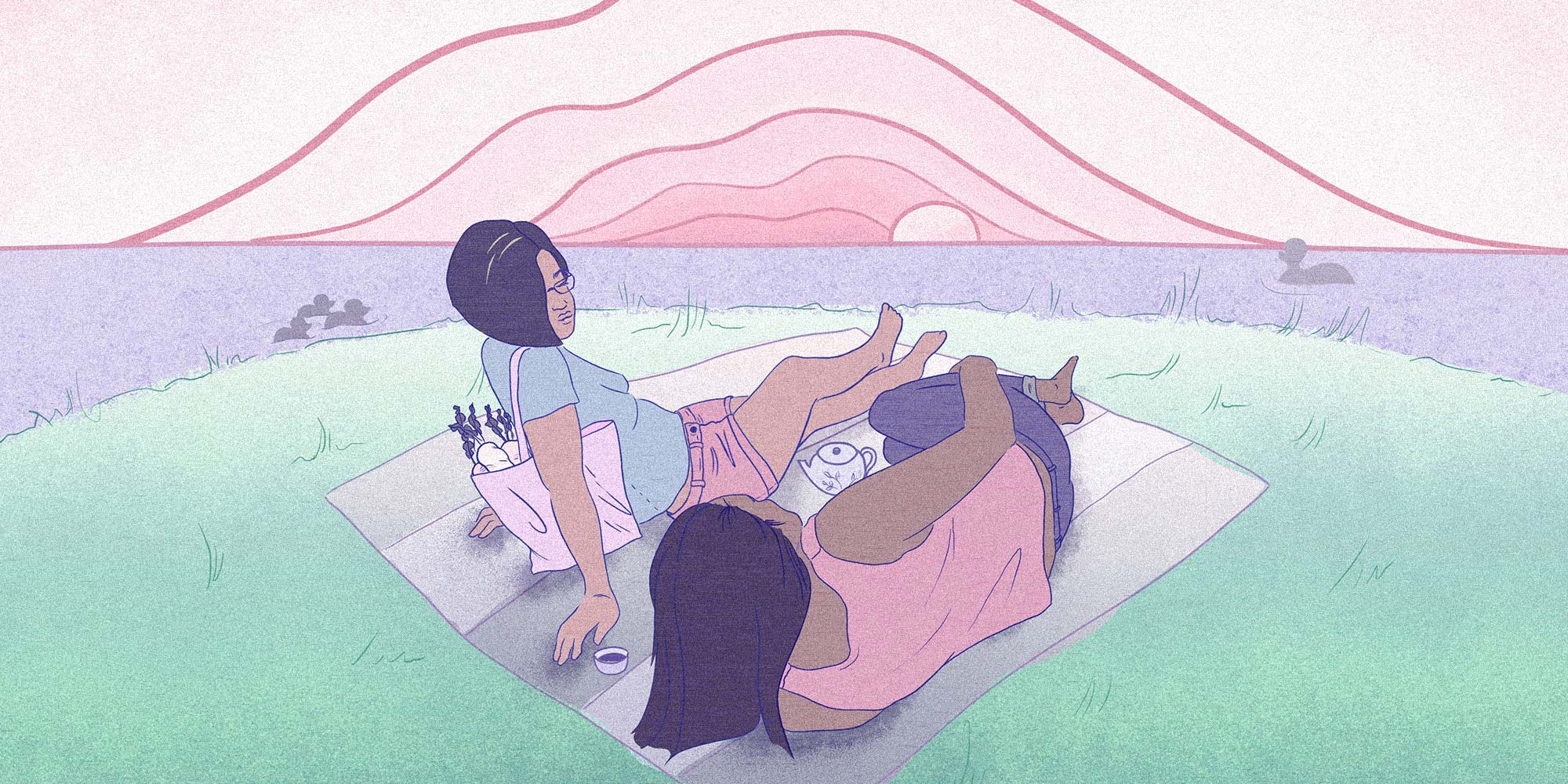 two queers laying on a blanket on the grass in a park near the water, overlooking a pink sunset with a tea set