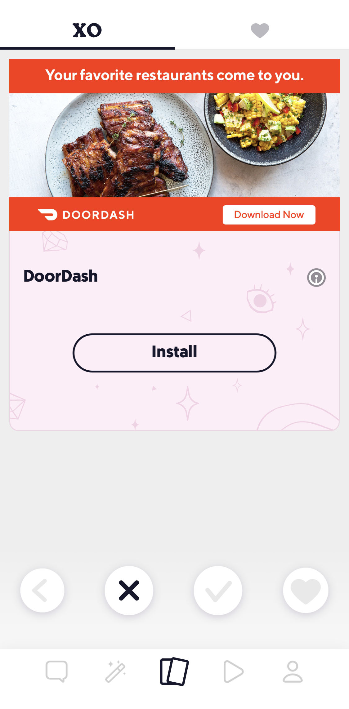 A screenshot of an ad for Doordash within the XO app.