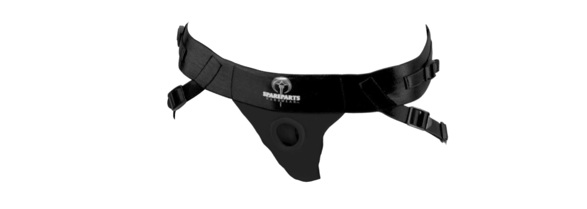 a black nylon strap-style strap-on harness