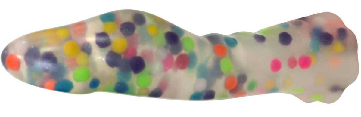 a translucent off-white silicone dildo with colorful pom poms all the way through it