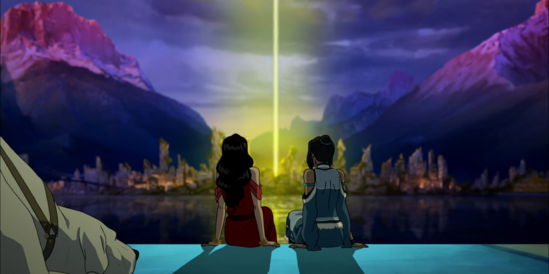 Korra and Asami sit side by side in The Legend of Korra