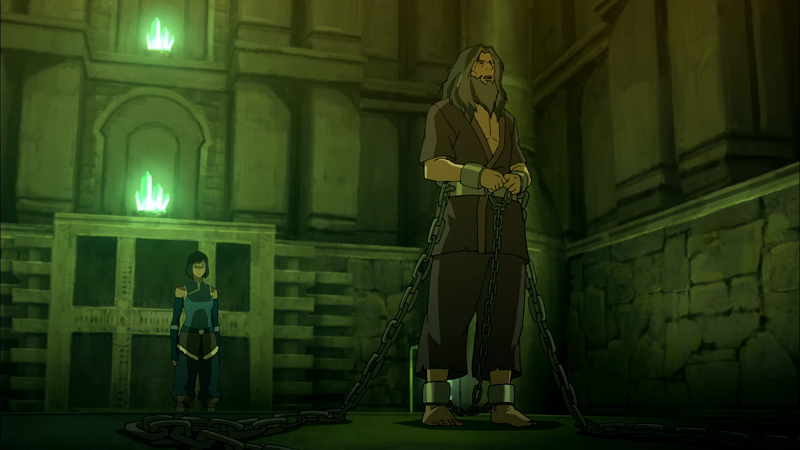 Korra confronts Zaheer, who is chained up inside a prison.