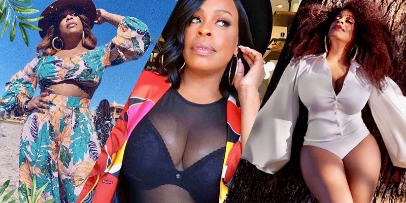 A collage of three photos of Niecy Nash. In the first photo she is wearing a matching two piece mid-drip patterned suit. In the second she is wearing a black net blouse. In the third she wears a white body suit with puffy sleeves.