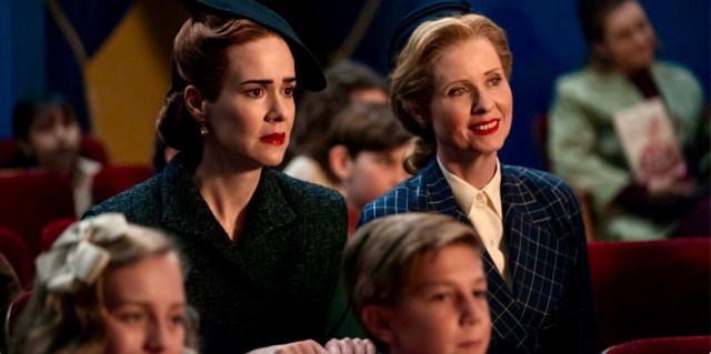 Sarah Paulson and Cynthia Nixon are 1940s style secret lesbian lovers in Ryan Murphy's new Netflix series "Ratched." Here they are on a date together at the movie theatre.