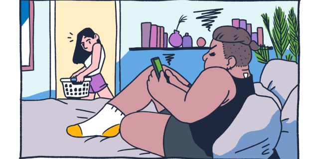 Two queer humans sit at home. One of them, a masc cutie with a undercut and their hair in a stubby ponytail, scrolls on their phone. Their partner, a femme in short purple shorts and long black hair, looks at them while worrying over their laundry basket.