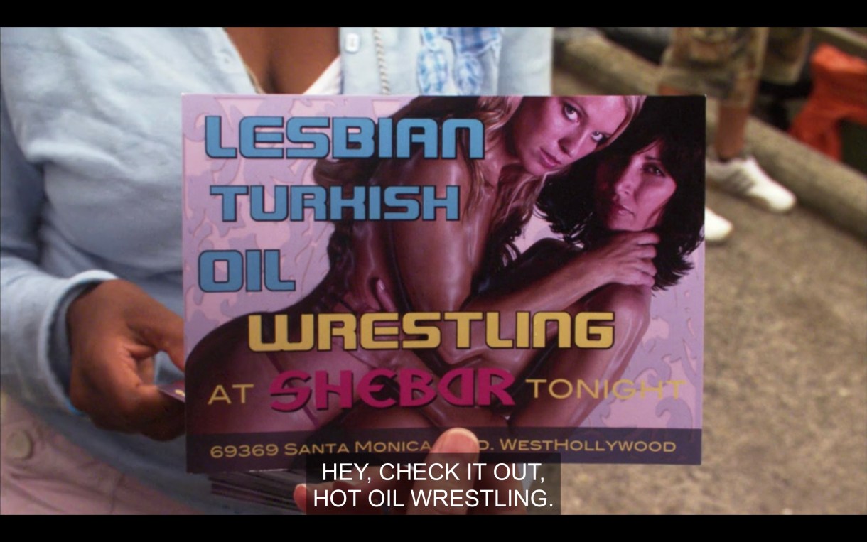 Flyer for Lesbian Turkish Oil Wrestling at Shebar, featuring Cindi and Dawn holding each other seductively