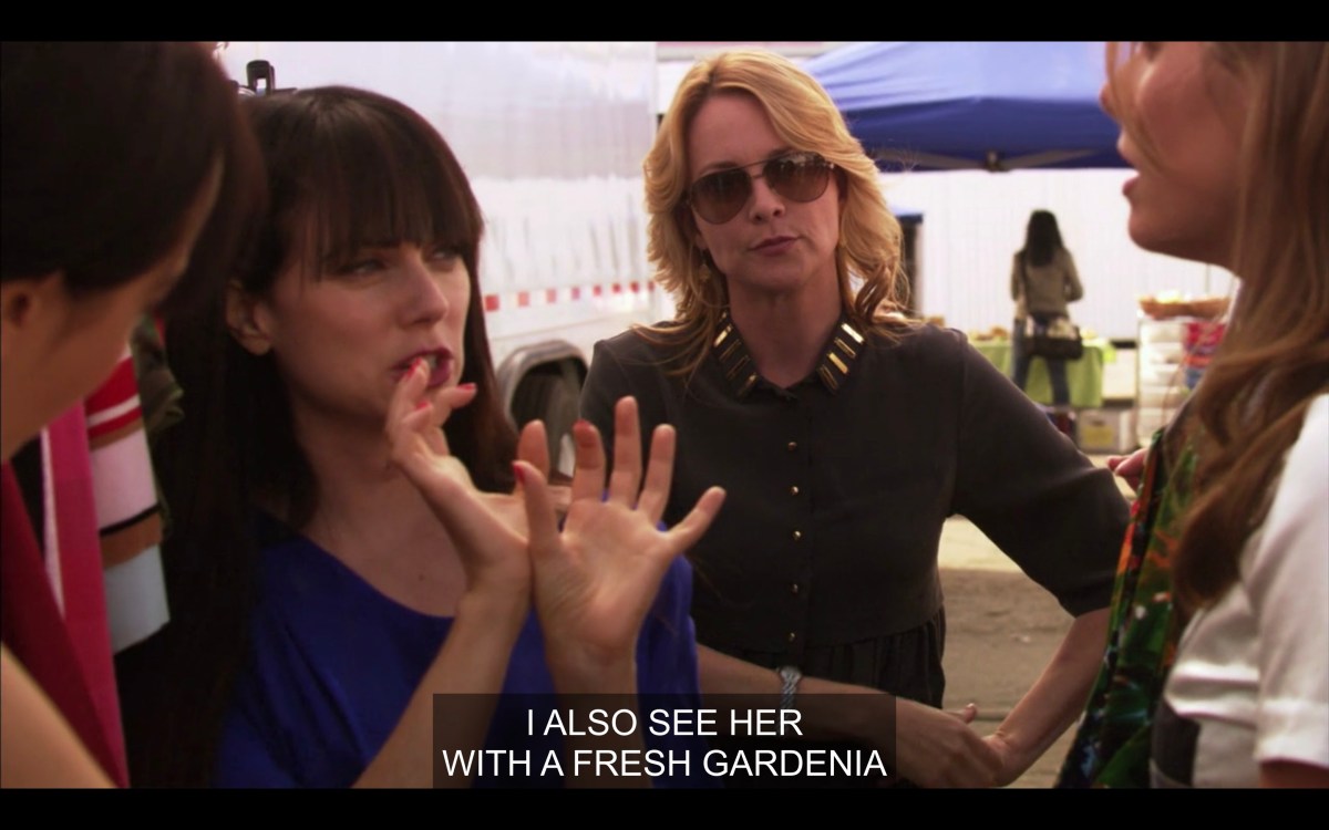 Jenny talks about how she'd like a "fresh gardenia" on Karina's costume, while Tina stands behind her unimpressed