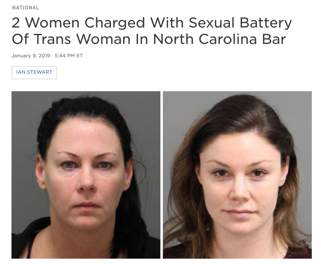 Screenshot of news article with the headline: 2 Women Charged With Sexual Battery of Trans Woman In North Carolina Bar