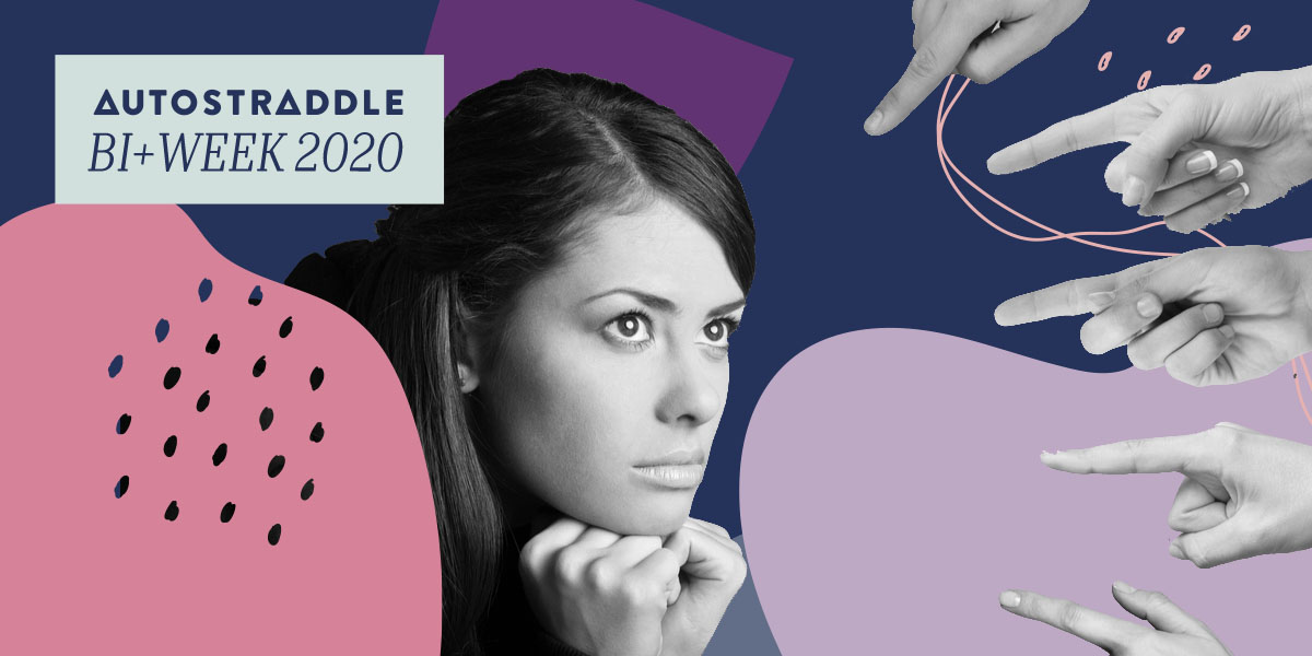 A woman holds her chin in her hands with a troubled expression while a myriad of hands point at her accusingly; the woman is depicted in black and white, floating in a background of soft blobs & shapes in the bi colors. In the upper left hand corner, a text box reads "Autostraddle Bi+ Week 2020"