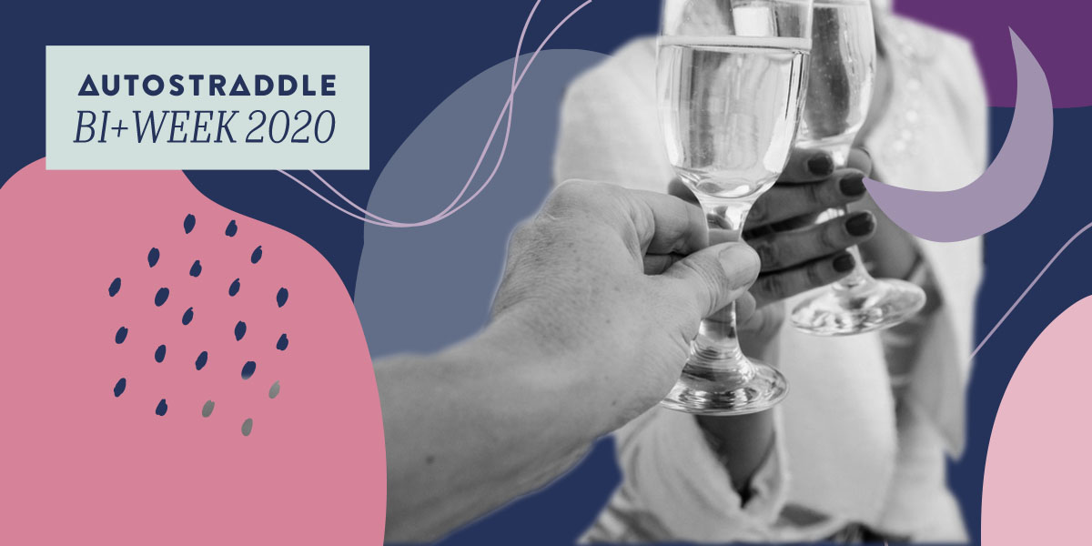 Two people clink champagne glasses, one with painted fingernails, in a field of bi+ flag colors. In the upper left hand corner, a text box reads AUTOSTRADDLE BI WEEK 2020.