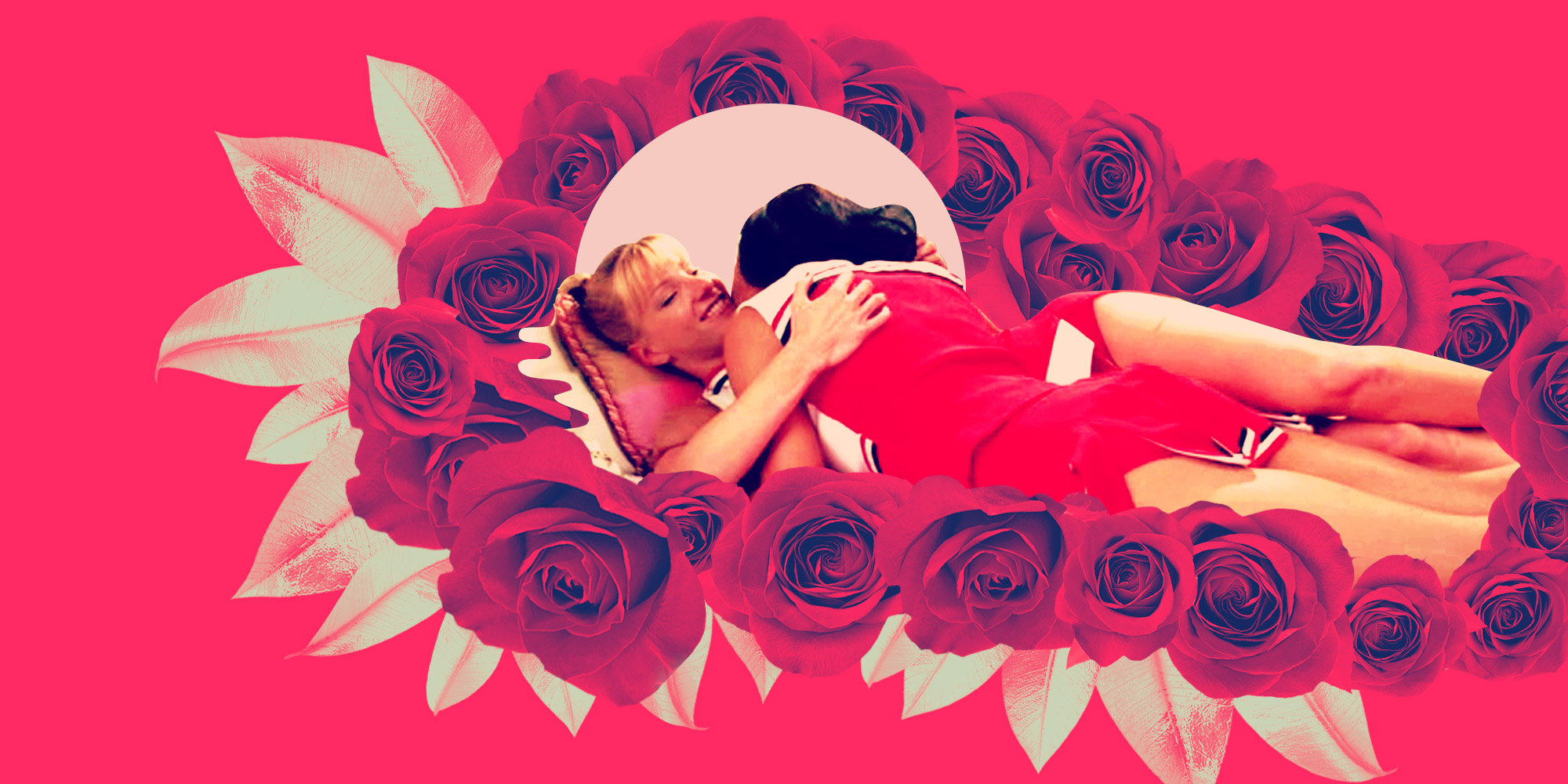 brittany and santana from glee laying in a bed, surrounded by a collage of red roses and leaves