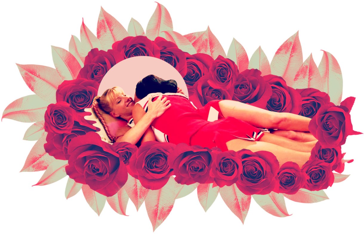 brittany and santana from glee laying in a bed, surrounded by a collage of red roses and leaves