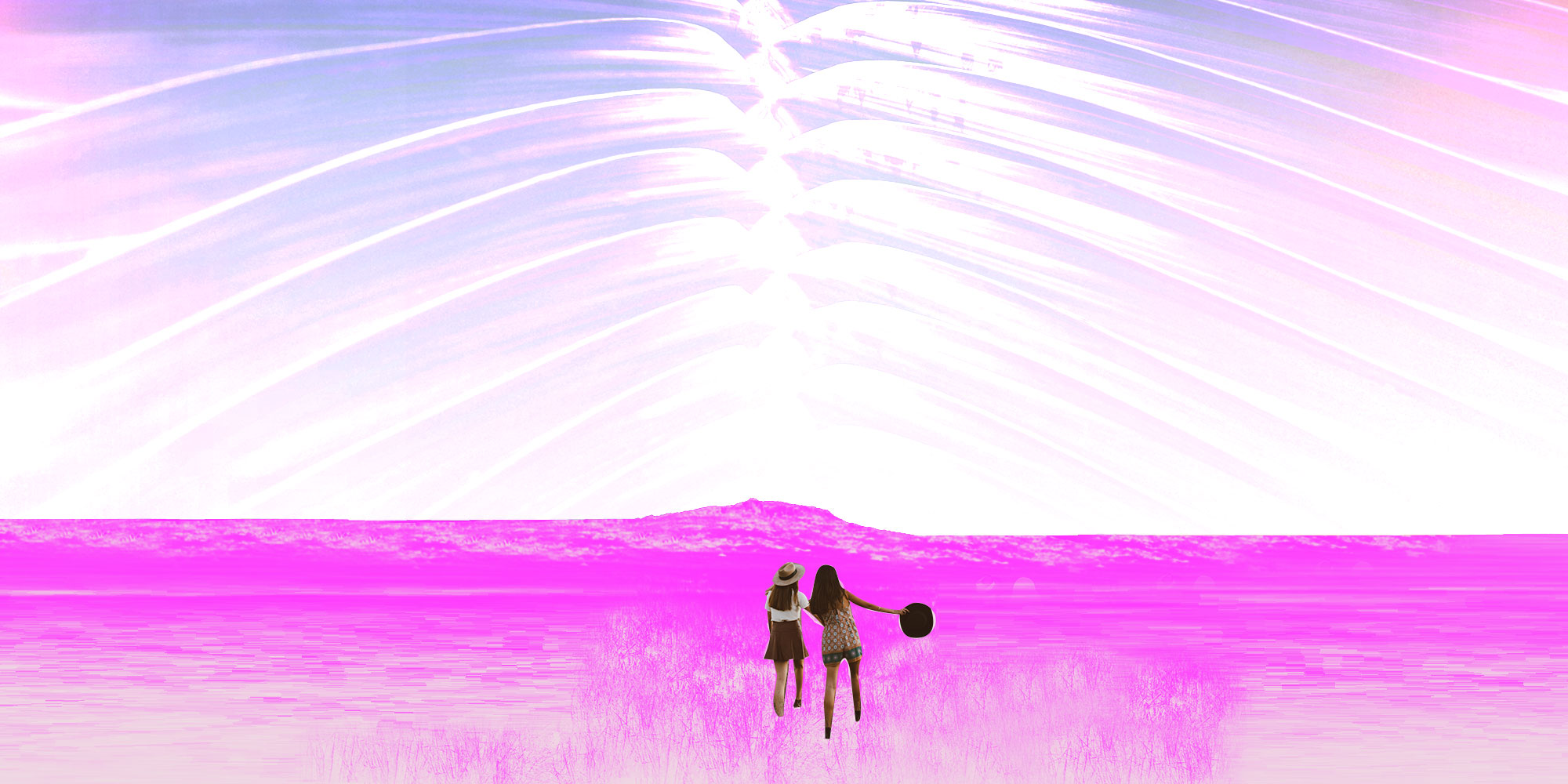 two girls in a big open field holding hands walking towards some unknown