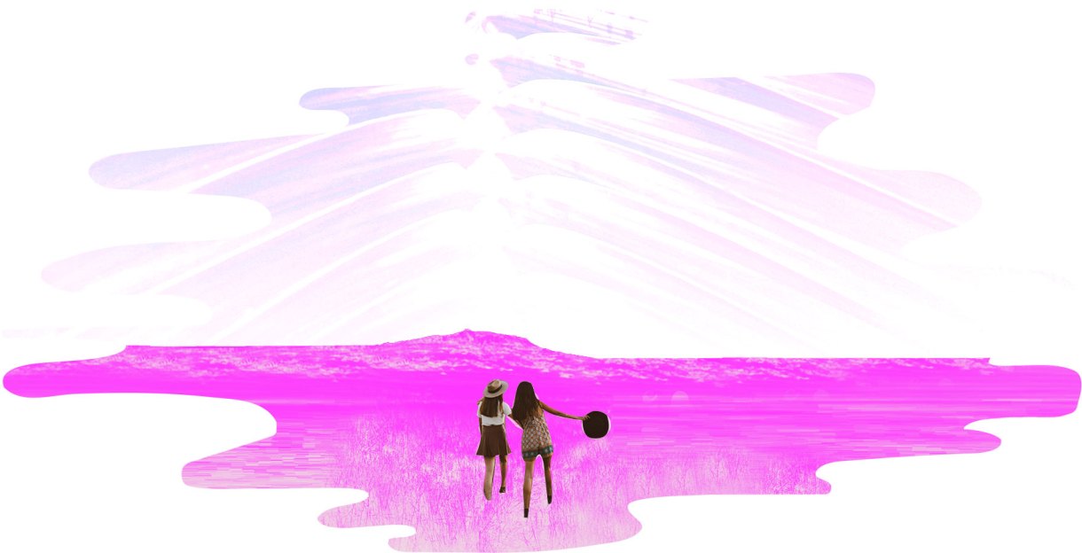 two girls in a big open field holding hands walking towards some unknown